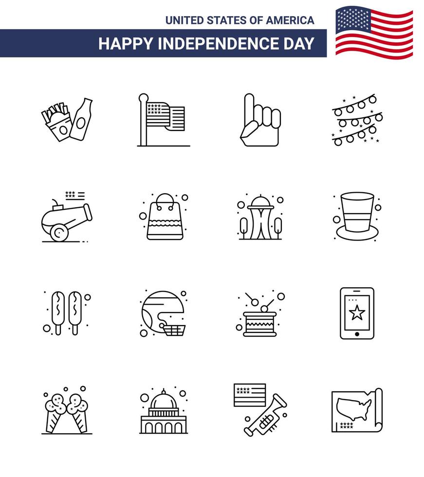 Happy Independence Day Pack of 16 Lines Signs and Symbols for mortar cannon hand big gun party decoration Editable USA Day Vector Design Elements