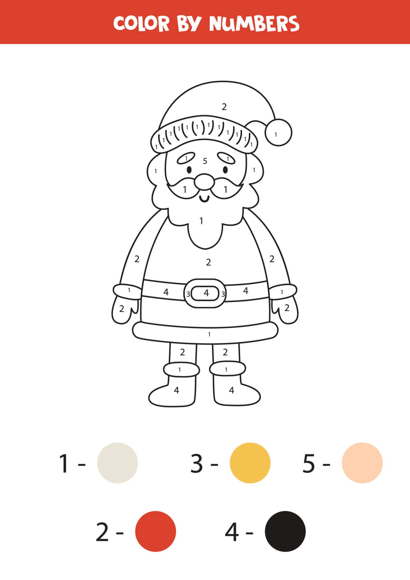 Color cute Santa Claus by numbers. Worksheet for kids. 14874590 Vector