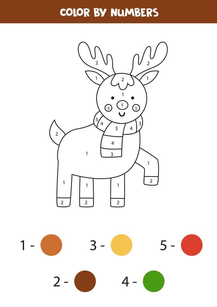 Color cute Christmas reindeer by numbers. Worksheet for kids. vector