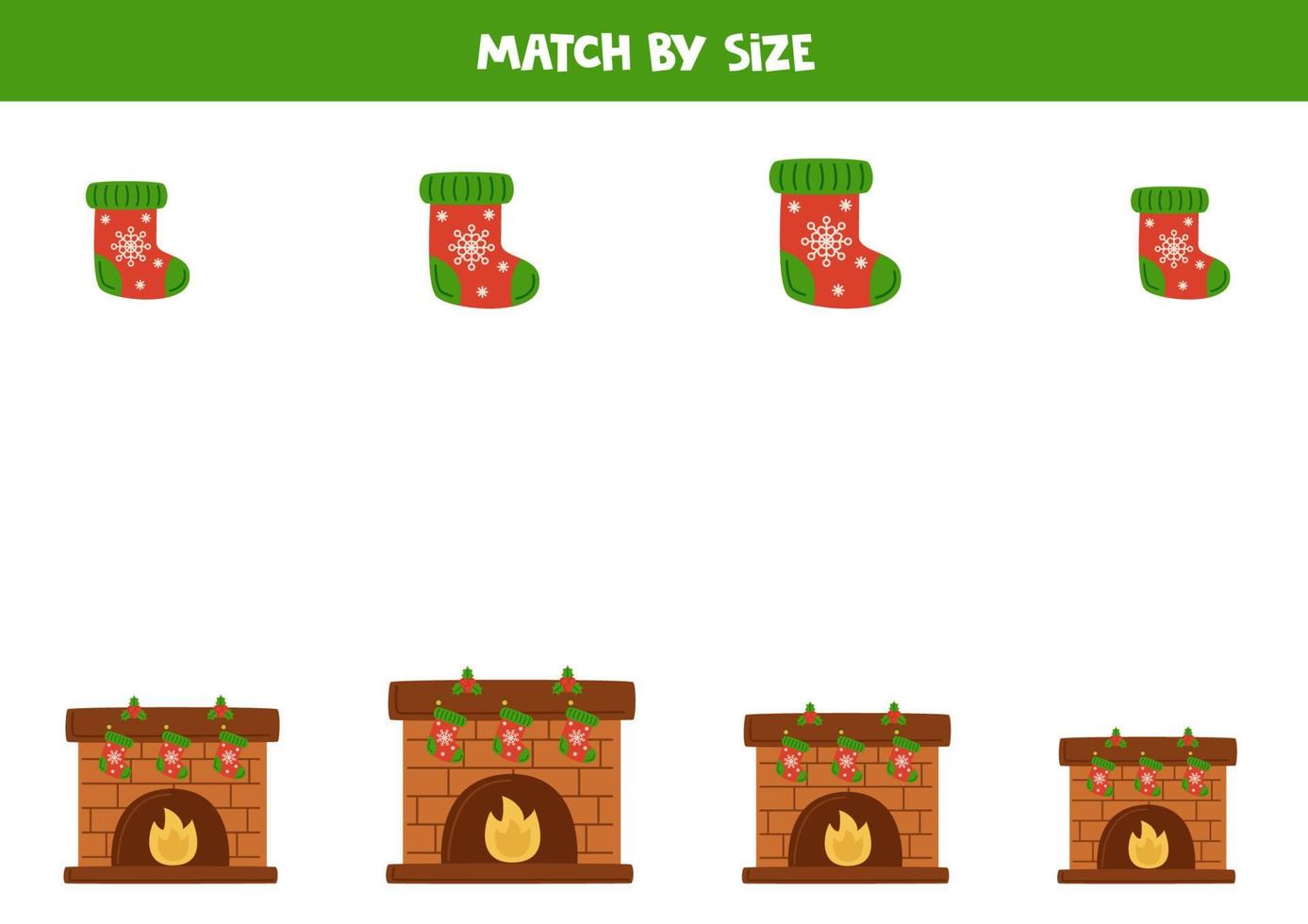 Matching game for preschool kids. Match fire places and stockings by size. vector