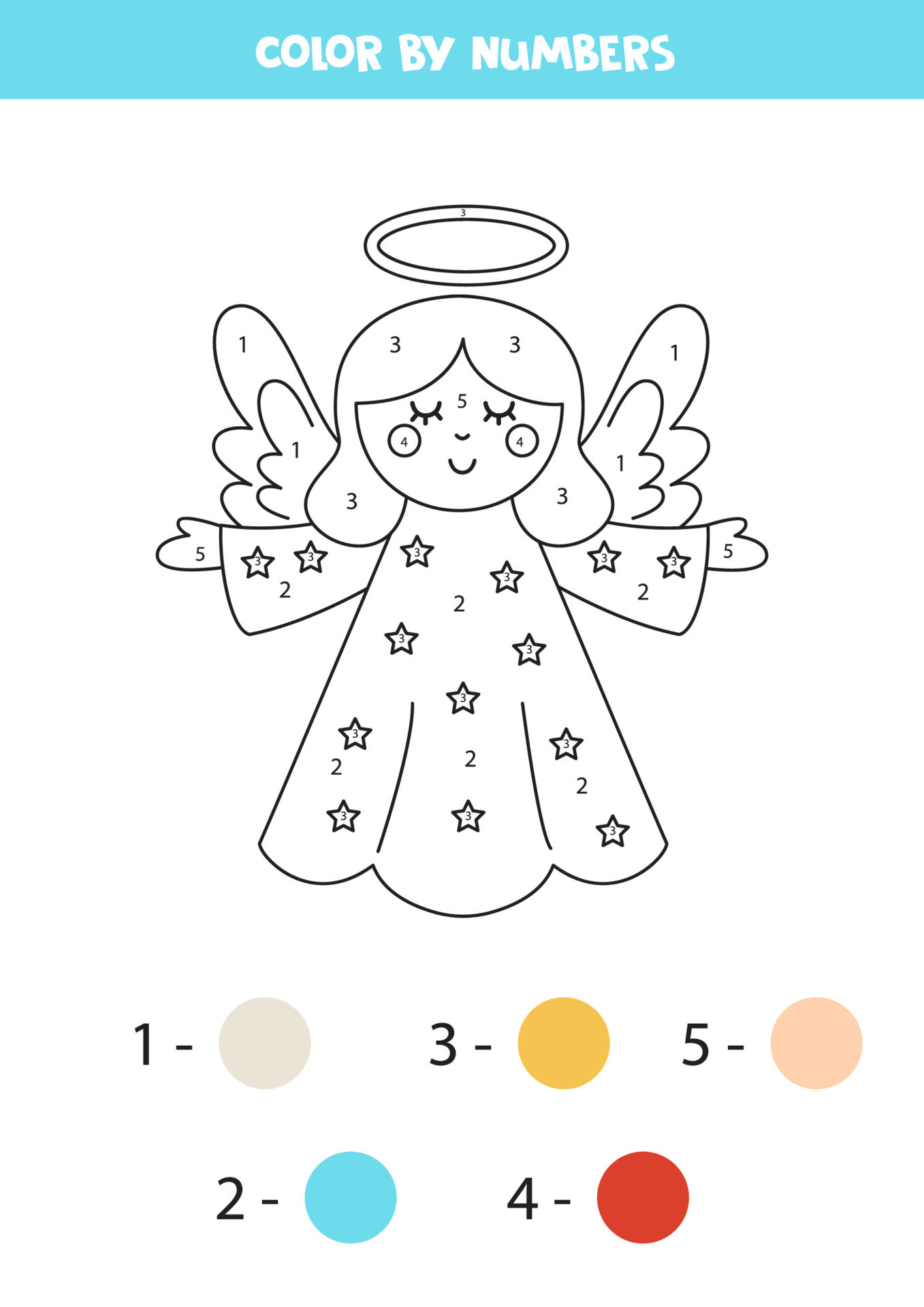 Color cute angel by numbers worksheet for kids 14874599 vector art at