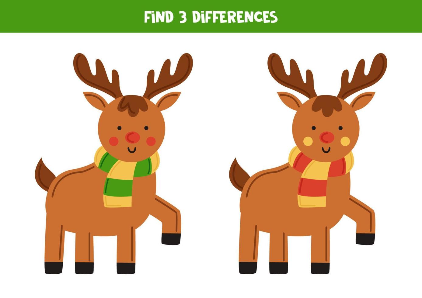 Find 3 differences between two cartoon reindeers. vector