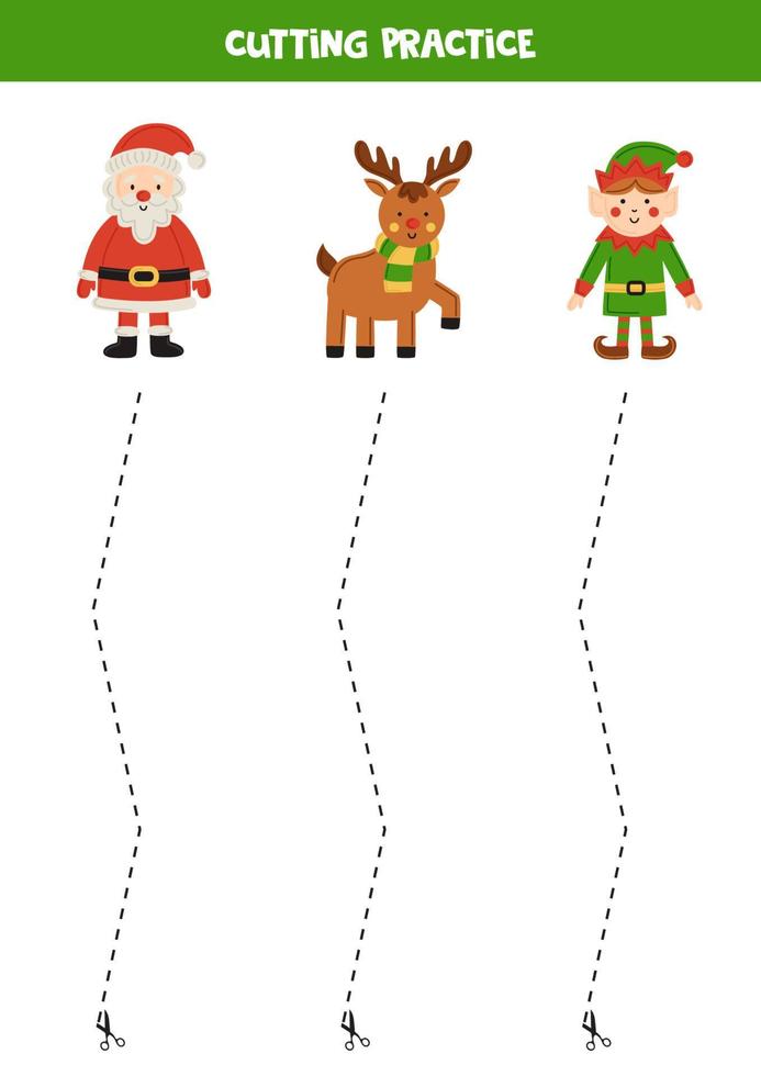 Cutting practice for children with cute cartoon Christmas characters. vector