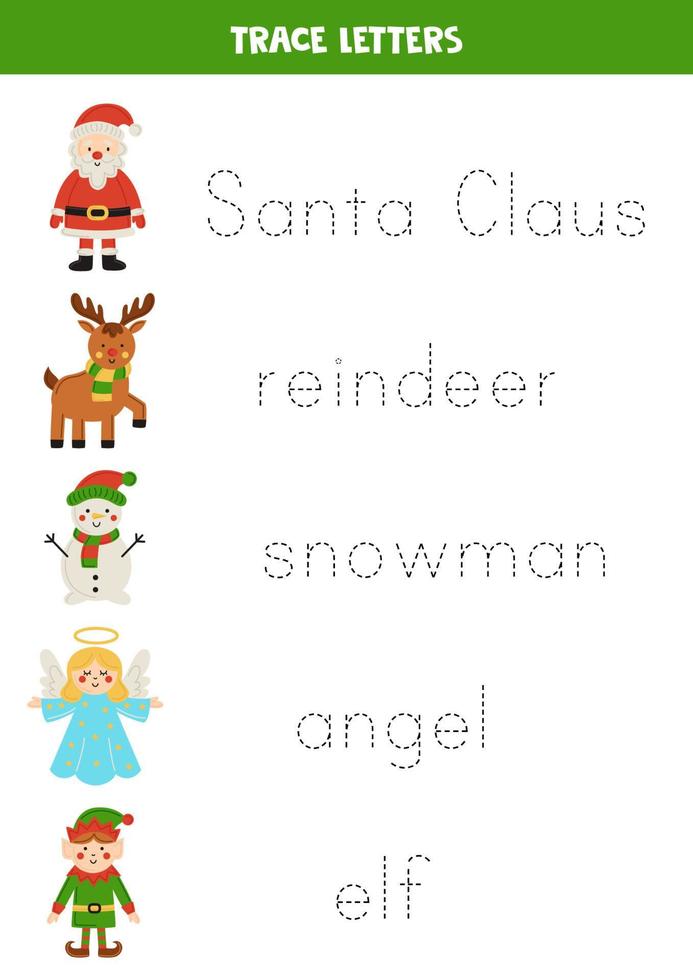 Tracing letters with cute Christmas characters. Writing practice. vector