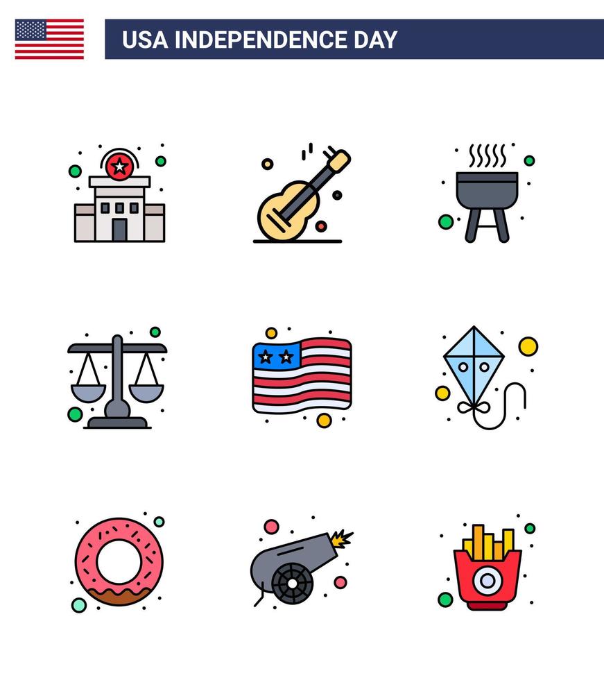 9 USA Flat Filled Line Signs Independence Day Celebration Symbols of usa country barbecue scale justice Editable USA Day Vector Design Elements