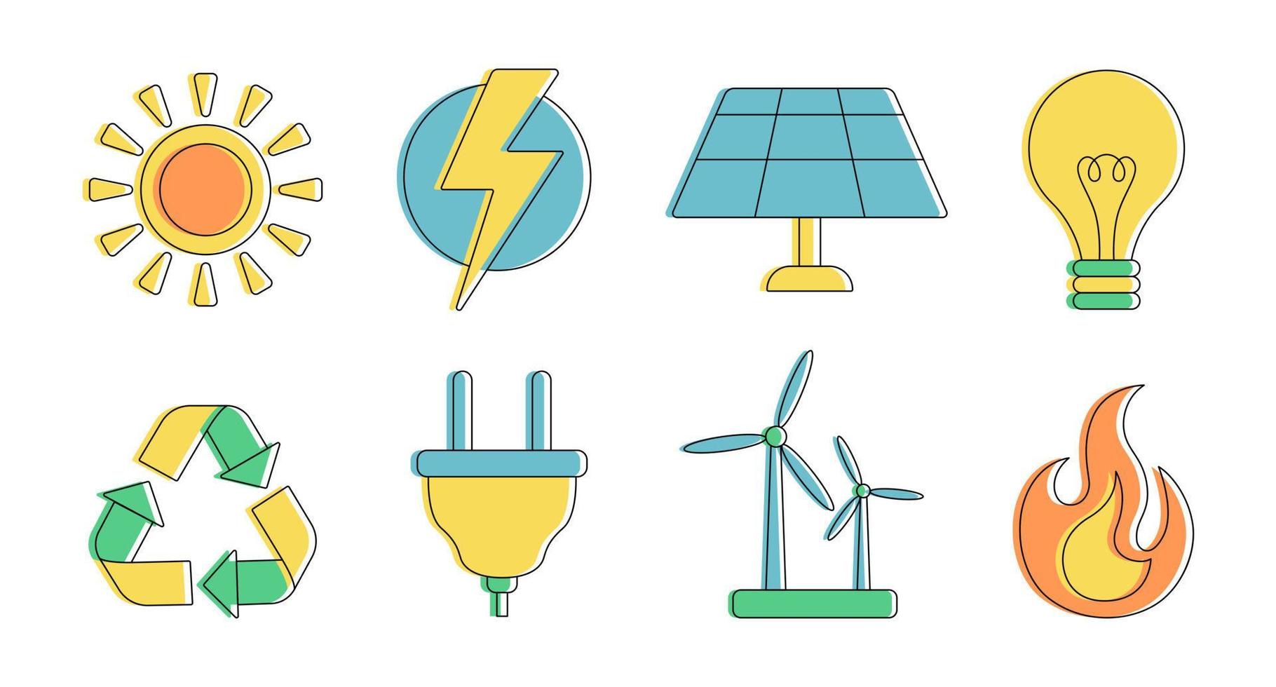 conjunto de iconos de línea de energía renovable. símbolos de energía alternativa verde. vector