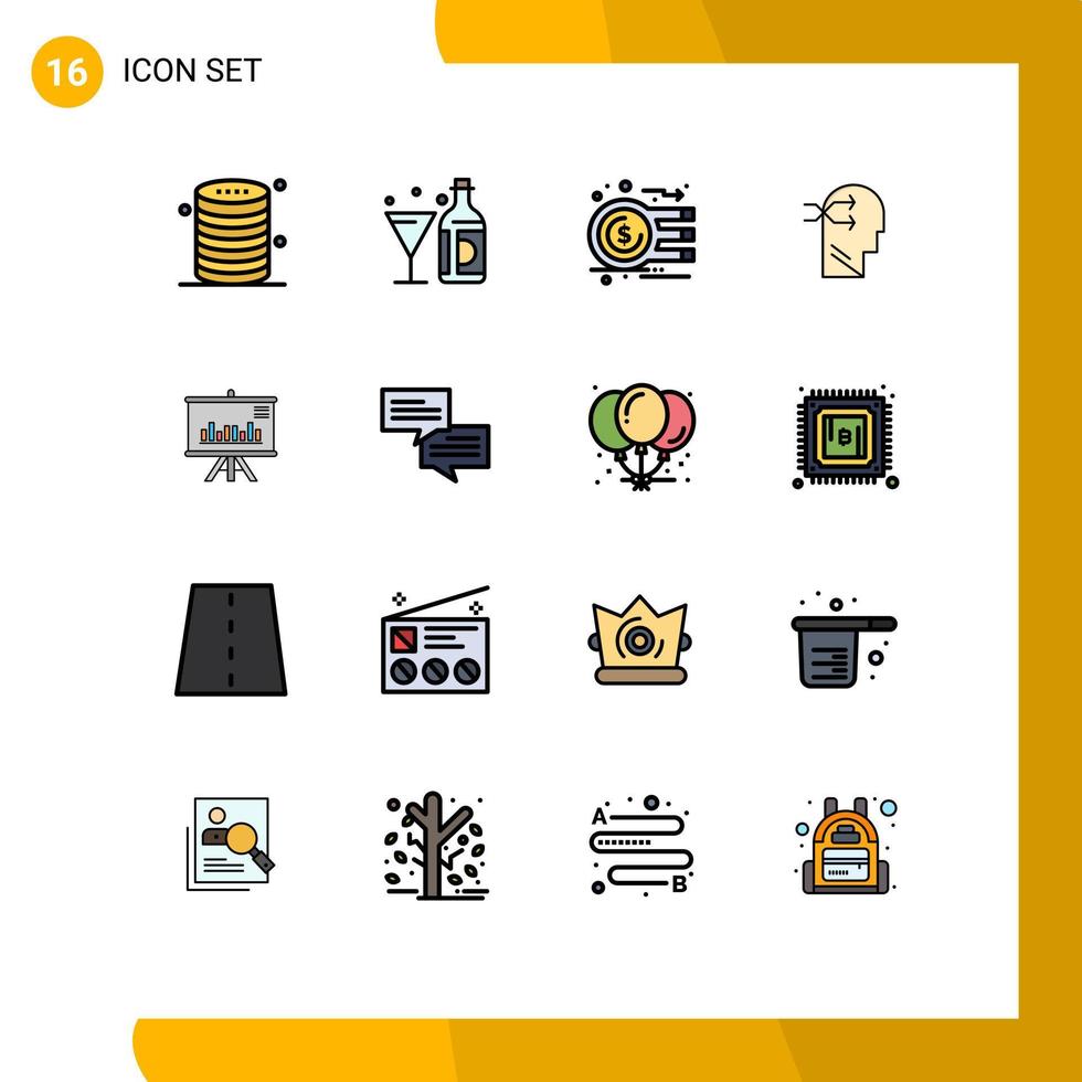 Modern Set of 16 Flat Color Filled Lines Pictograph of brian mental chang bottle money dollar Editable Creative Vector Design Elements