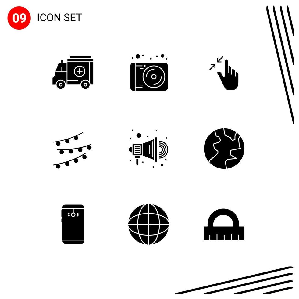 Editable Vector Line Pack of 9 Simple Solid Glyphs of advertise celebtare gestures celebrations decorations Editable Vector Design Elements