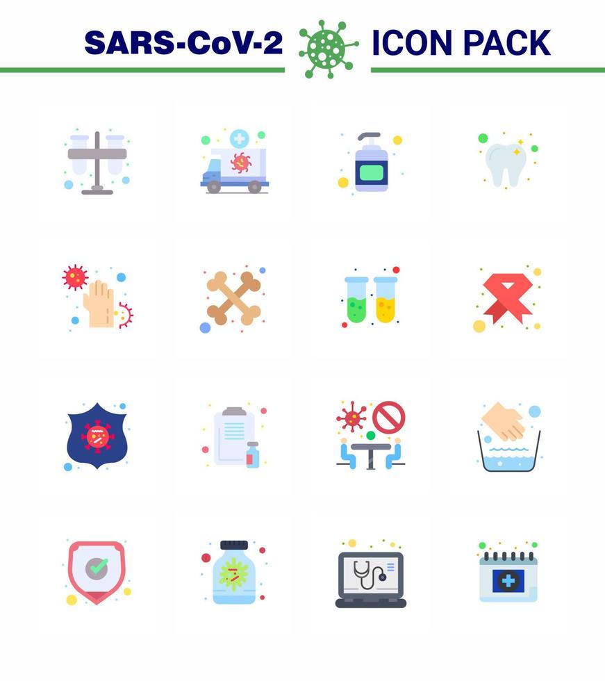 Coronavirus Prevention Set Icons 16 Flat Color icon such as dirty tooth transportation dental sanitizer viral coronavirus 2019nov disease Vector Design Elements