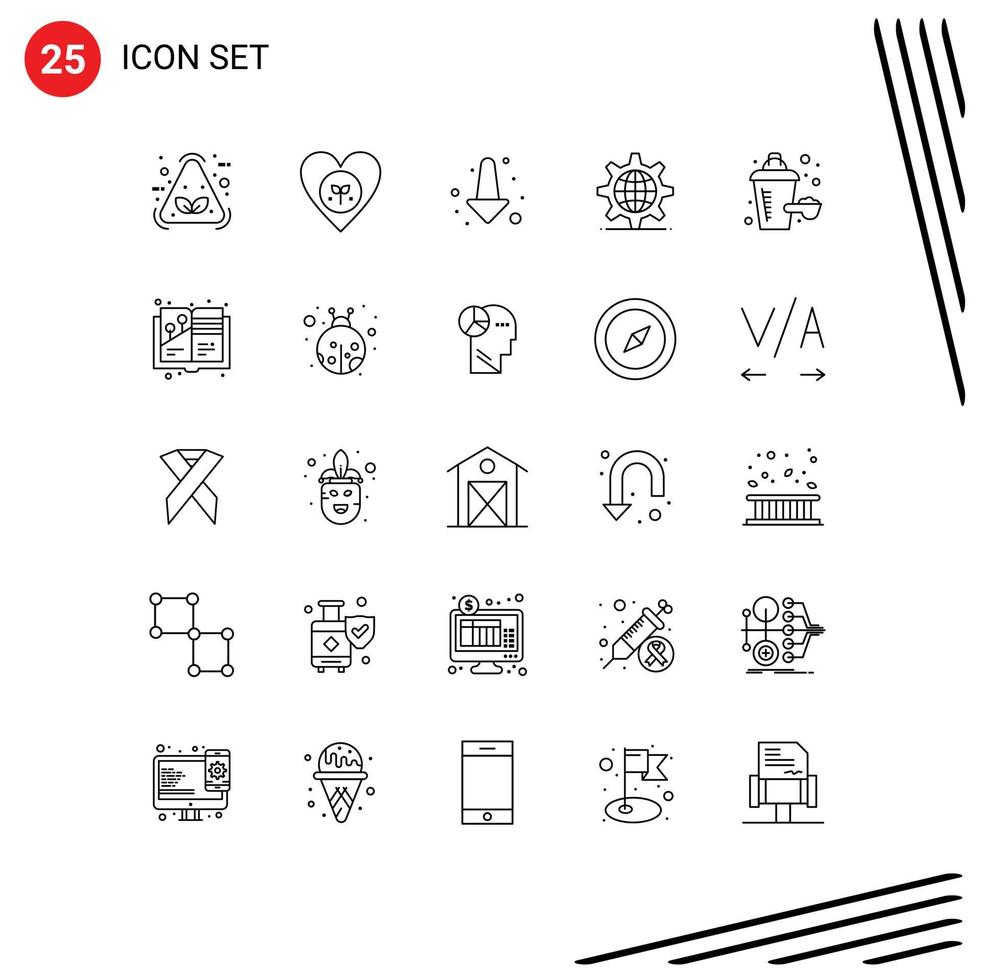 paquete de línea de 25 símbolos universales de configuración de suplementos nutricionales como elementos de diseño de vectores editables de equipo de servidor