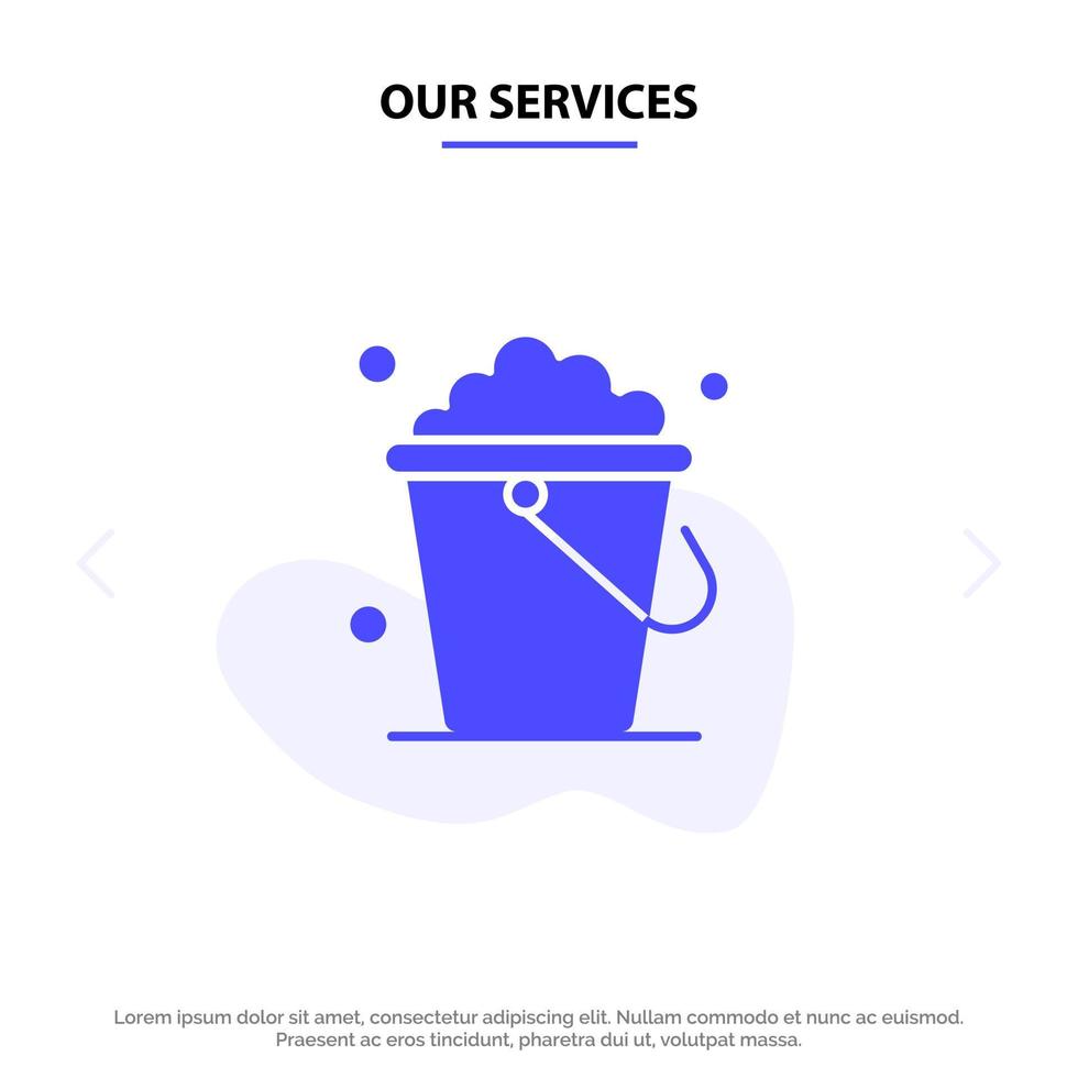 nuestros servicios balde limpieza piso hogar glifo sólido icono plantilla de tarjeta web vector