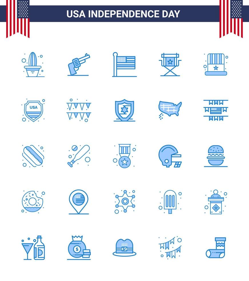 Set of 25 Modern Blues pack on USA Independence Day american star flag movies chair Editable USA Day Vector Design Elements