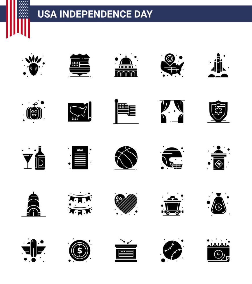 Group of 25 Solid Glyph Set for Independence day of United States of America such as rocket location pin madison wisconsin states Editable USA Day Vector Design Elements