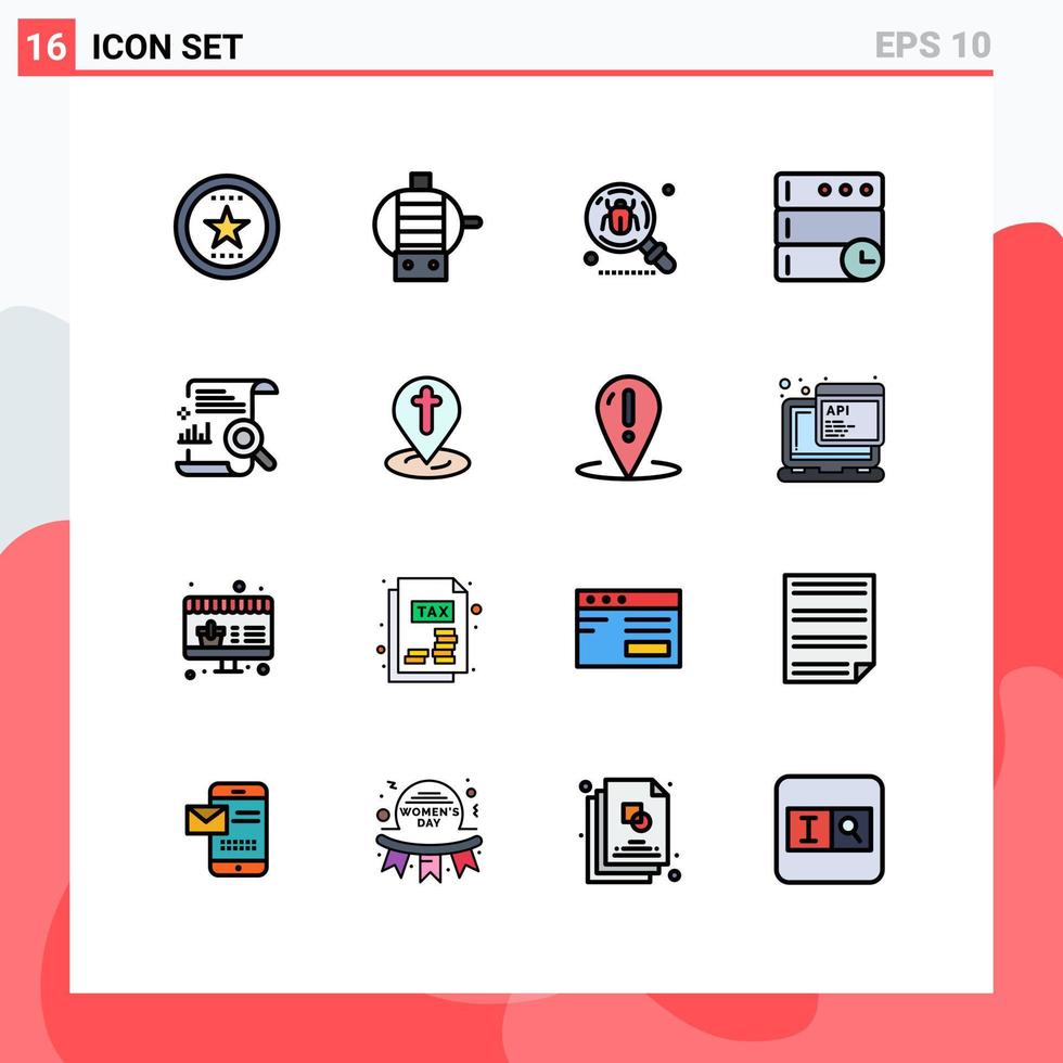 Universal Icon Symbols Group of 16 Modern Flat Color Filled Lines of file chart bug time database Editable Creative Vector Design Elements