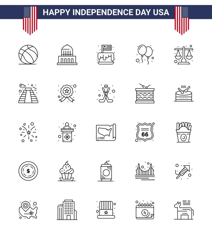 Big Pack of 25 USA Happy Independence Day USA Vector Lines and Editable Symbols of court day festival celebrate usa Editable USA Day Vector Design Elements