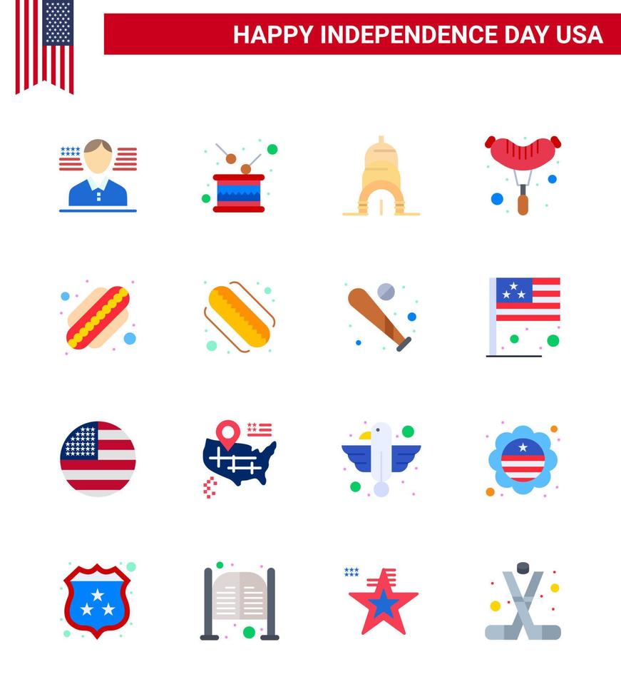 USA Happy Independence DayPictogram Set of 16 Simple Flats of ball hotdog chrysler american frankfurter Editable USA Day Vector Design Elements