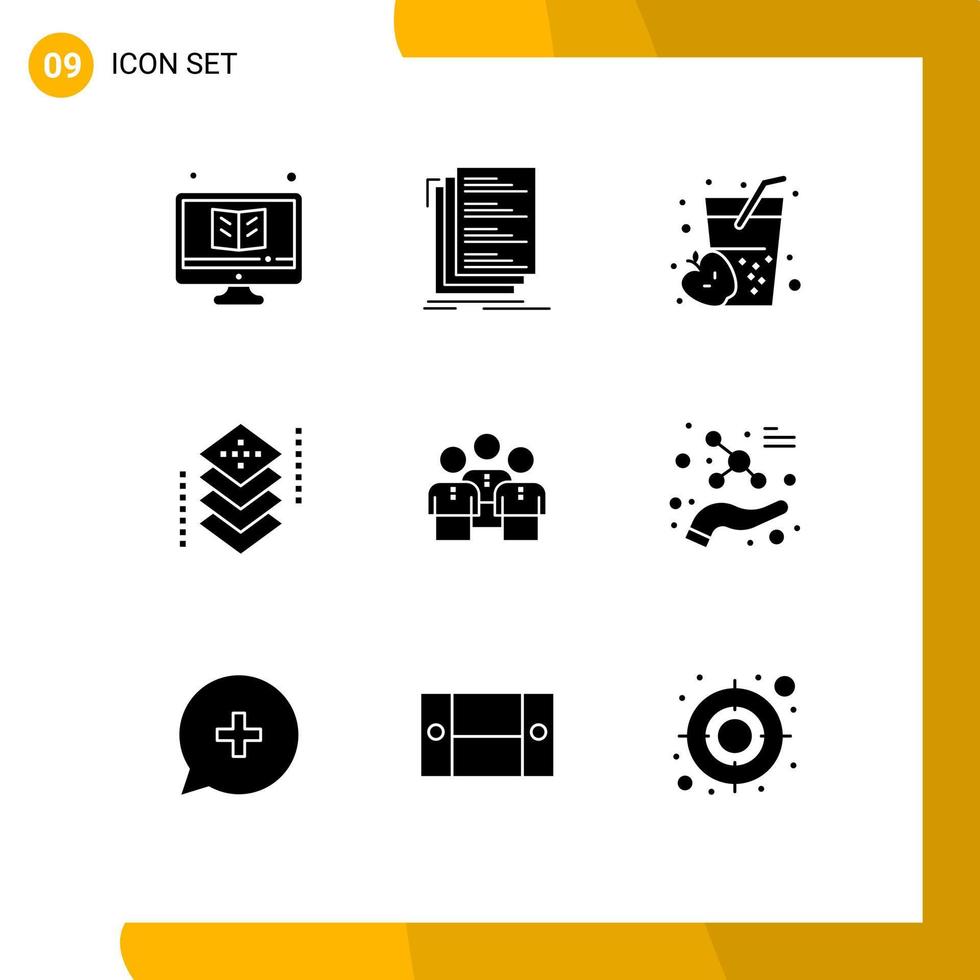 Pack of 9 Modern Solid Glyphs Signs and Symbols for Web Print Media such as layers design files coding food Editable Vector Design Elements