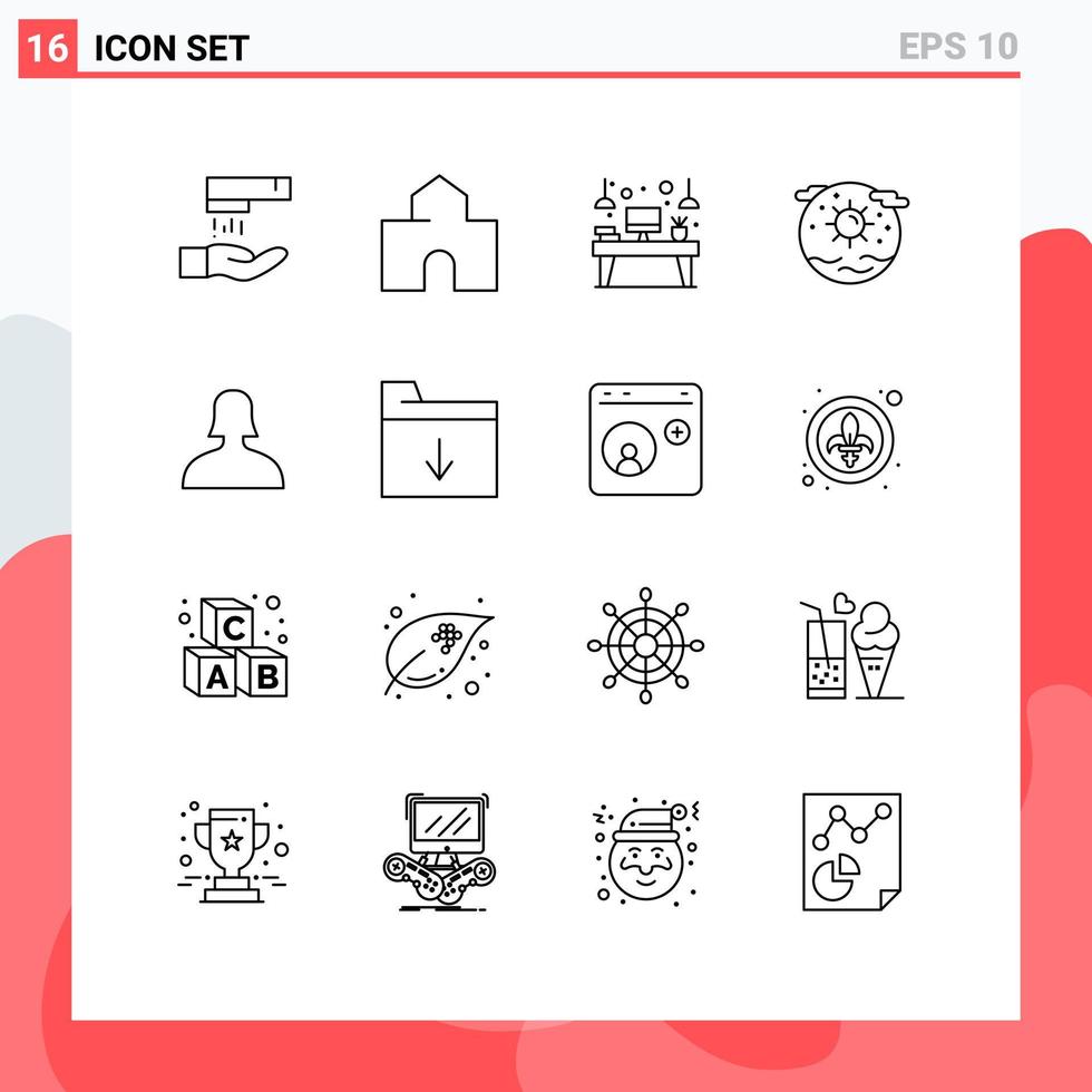 Pack of 16 creative Outlines of sun international desk globe monitor Editable Vector Design Elements