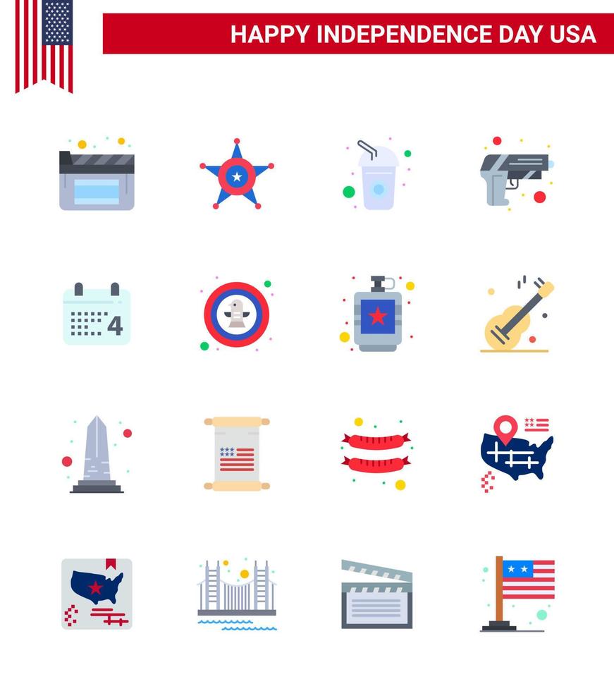Group of 16 Flats Set for Independence day of United States of America such as date calender cola weapon security Editable USA Day Vector Design Elements
