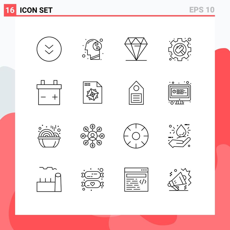 Outline Pack of 16 Universal Symbols of file settings diamond options gear Editable Vector Design Elements