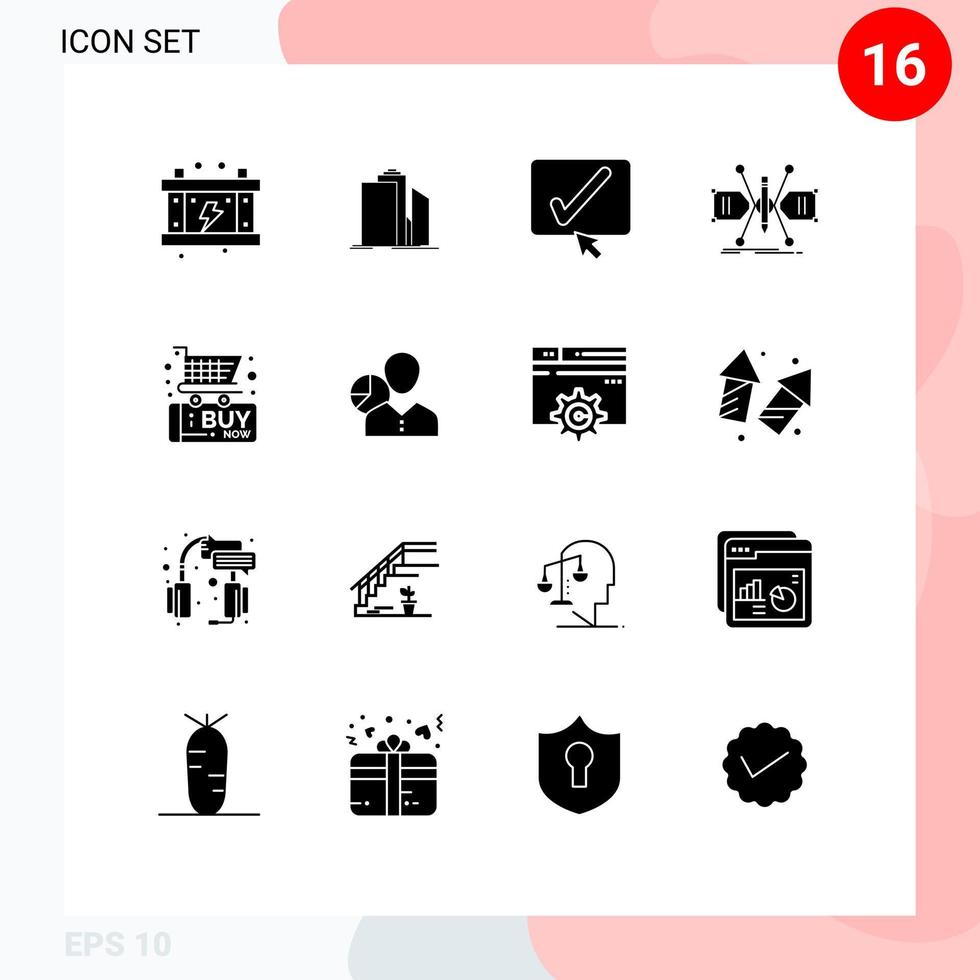 Pack of 16 creative Solid Glyphs of sketch constructing office architect tick Editable Vector Design Elements