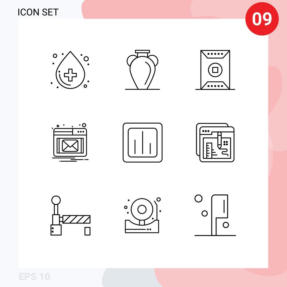 Pack of 9 Modern Outlines Signs and Symbols for Web Print Media such as analytics notification vase email sports Editable Vector Design Elements