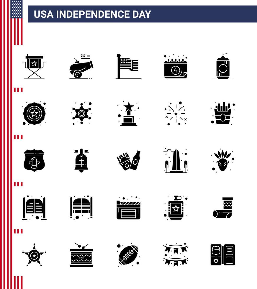 Pack of 25 USA Independence Day Celebration Solid Glyph Signs and 4th July Symbols such as bottle date mortar calendar usa Editable USA Day Vector Design Elements
