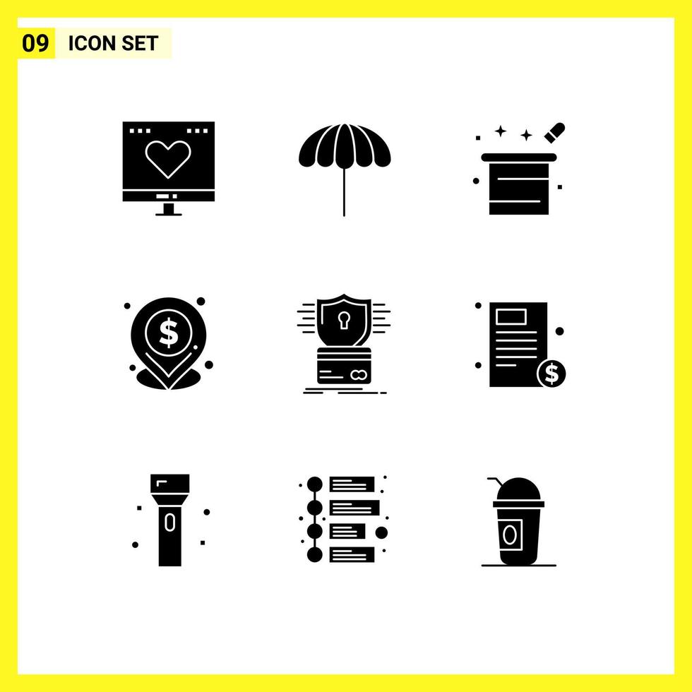 Group of 9 Modern Solid Glyphs Set for security location wet dollar magician Editable Vector Design Elements