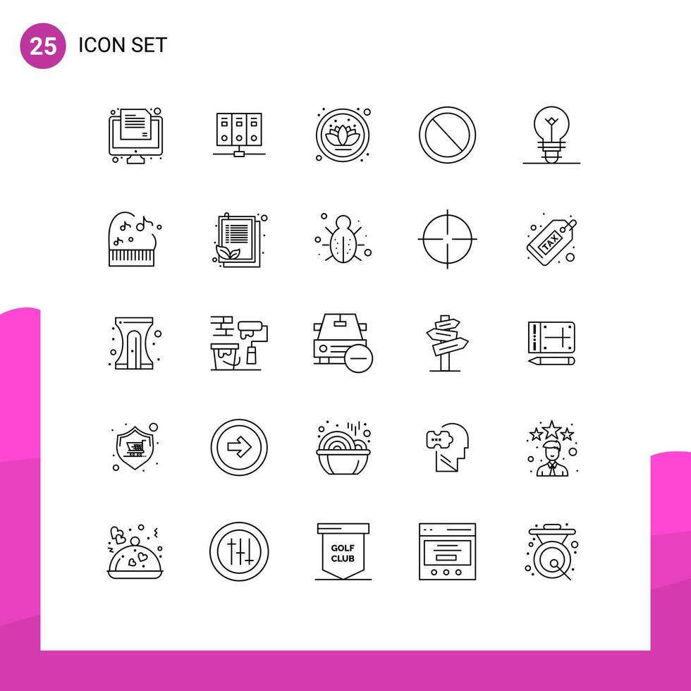 Modern Set of 25 Lines Pictograph of light bulb lotus user no Editable Vector Design Elements