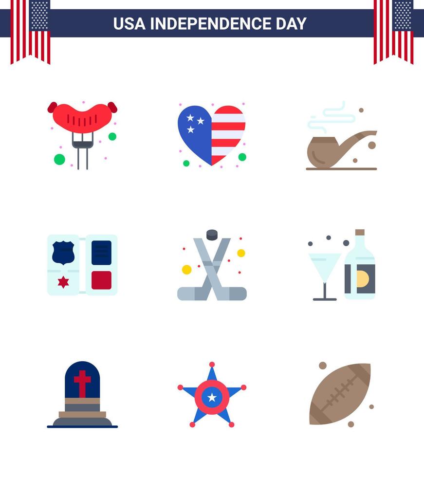 Group of 9 Flats Set for Independence day of United States of America such as american ice hockey smoke hockey american Editable USA Day Vector Design Elements