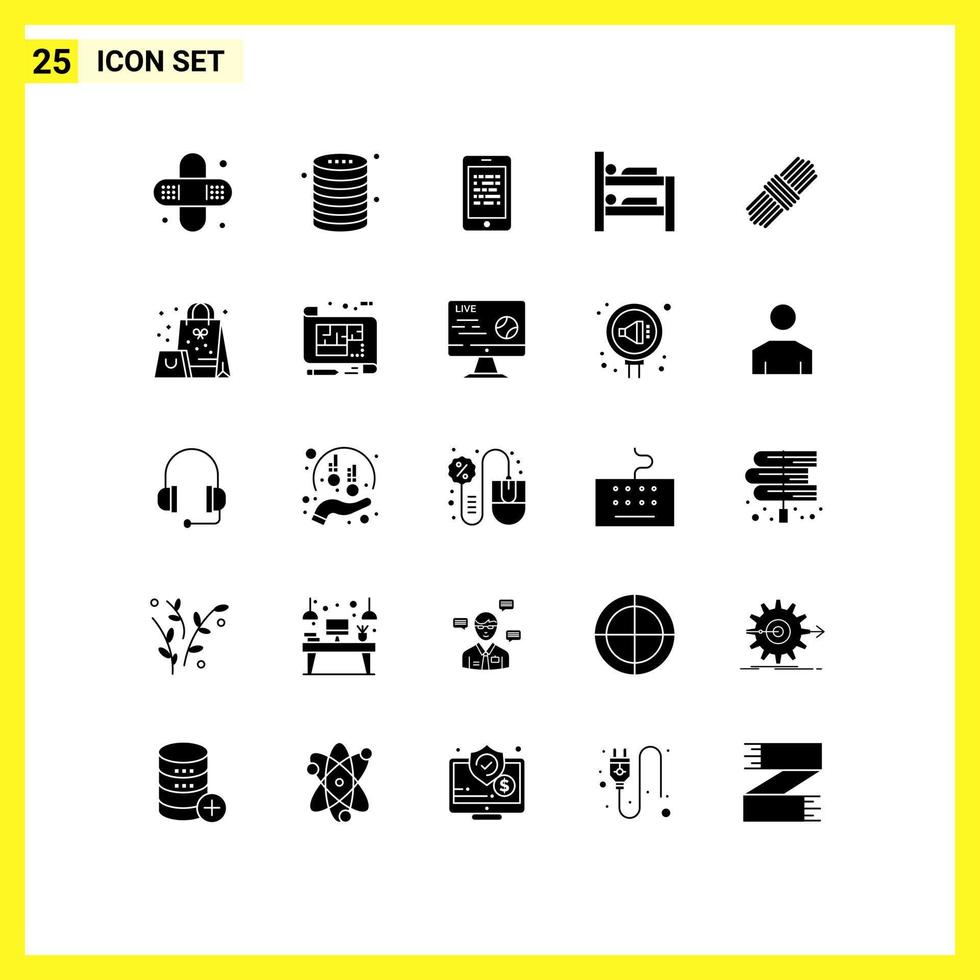 Mobile Interface Solid Glyph Set of 25 Pictograms of pack room mobile bunk elearning Editable Vector Design Elements