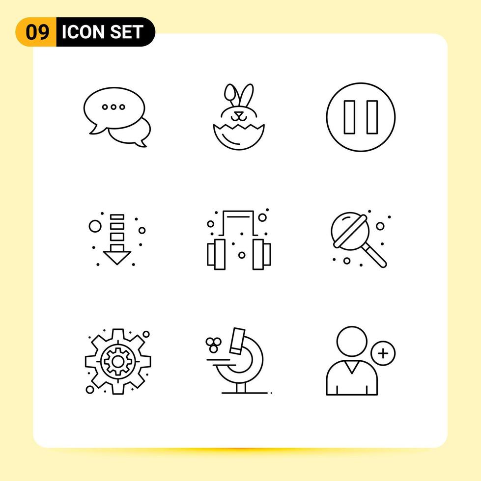 Group of 9 Outlines Signs and Symbols for sugar candy pause support headset Editable Vector Design Elements
