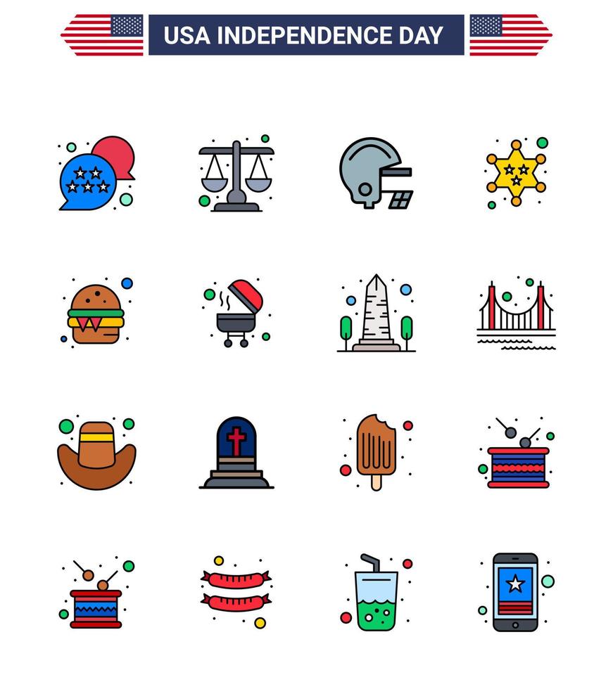 USA Independence Day Flat Filled Line Set of 16 USA Pictograms of food burger american star military Editable USA Day Vector Design Elements