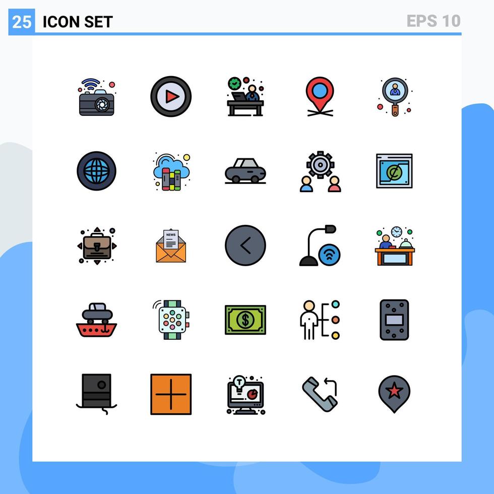 paquete de 25 modernos signos y símbolos de colores planos de línea rellena para medios de impresión web, como elementos de diseño de vectores editables de recepción de mapa de escritorio de puntero de empleado