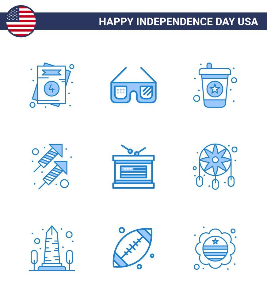 Happy Independence Day Pack of 9 Blues Signs and Symbols for independece drum beverage shoot fire Editable USA Day Vector Design Elements