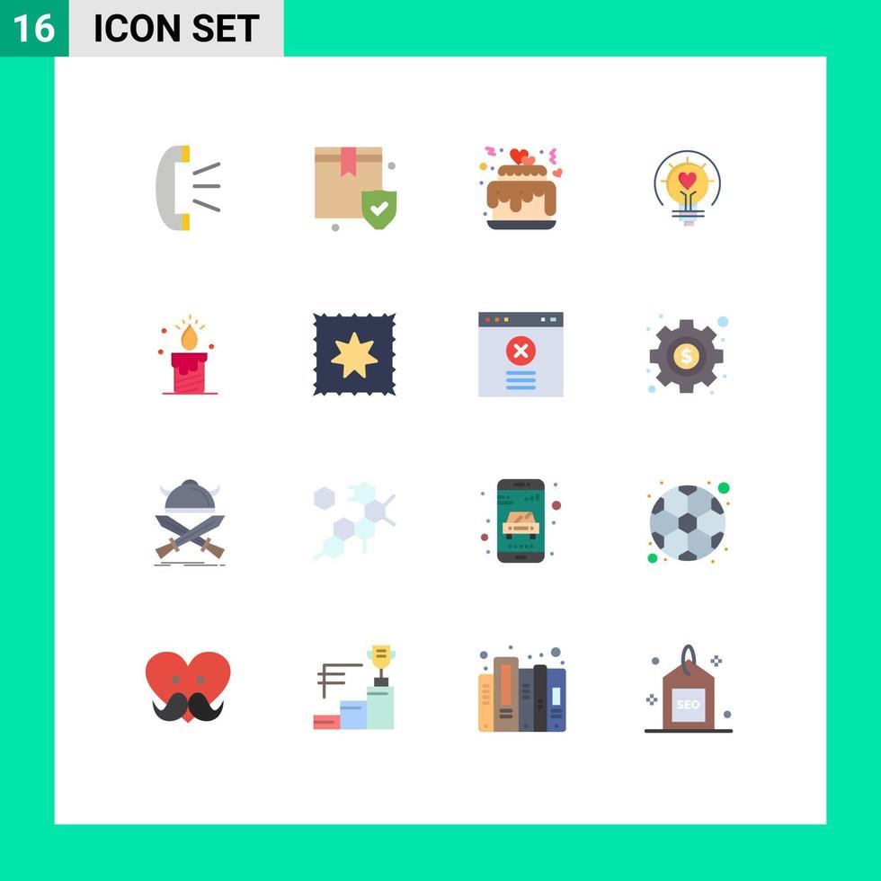 16 Thematic Vector Flat Colors and Editable Symbols of candle light bulb hearts light bulb Editable Pack of Creative Vector Design Elements