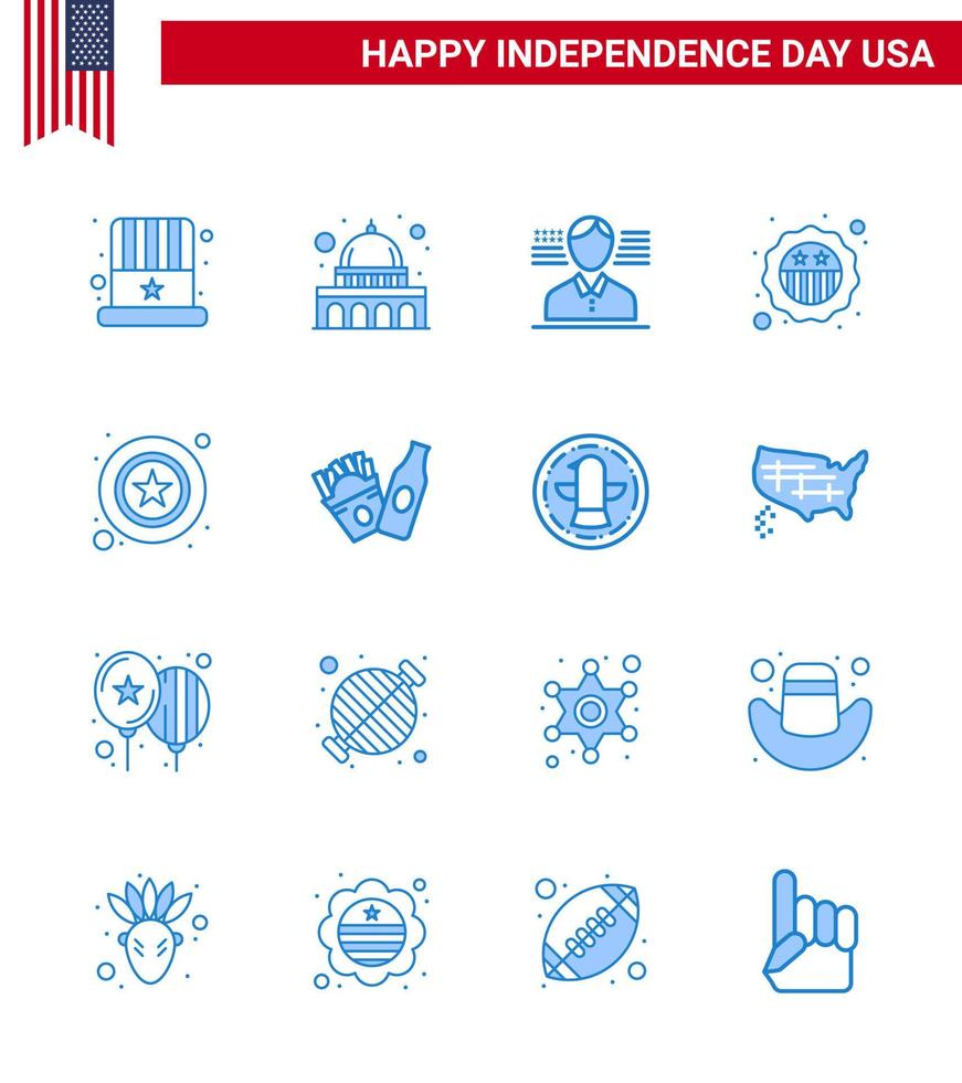 Blue Pack of 16 USA Independence Day Symbols of star men man flag security Editable USA Day Vector Design Elements