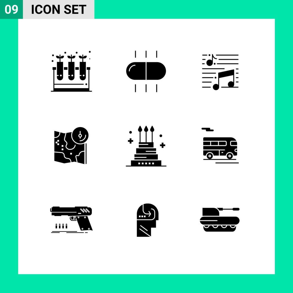 Set of 9 Commercial Solid Glyphs pack for cake track musical gps map Editable Vector Design Elements