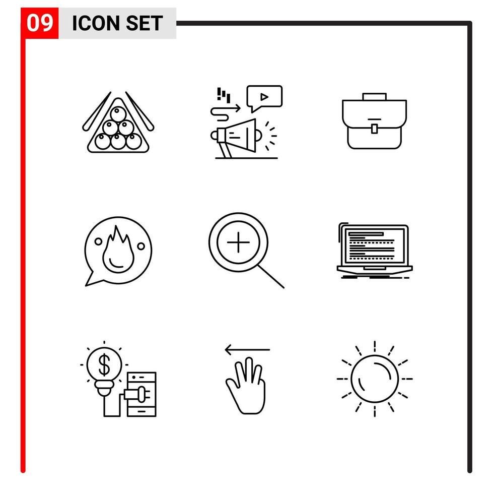 9 iconos generales para el diseño de sitios web impresos y aplicaciones móviles. 9 símbolos de contorno signos aislados sobre fondo blanco. Paquete de 9 iconos. vector