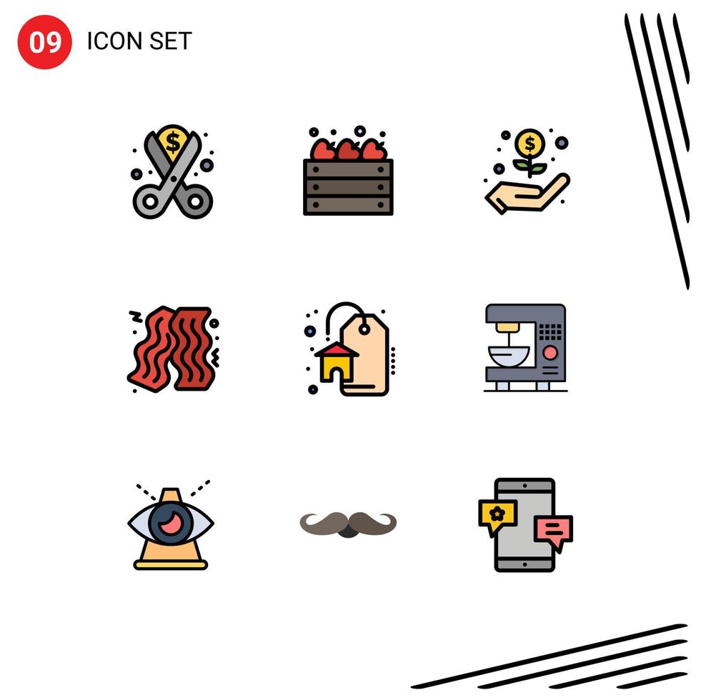 Editable Vector Line Pack of 9 Simple Filledline Flat Colors of sale discount farming fast food bacon Editable Vector Design Elements