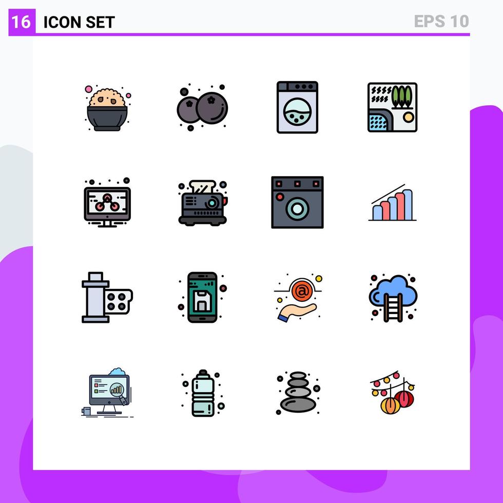 16 User Interface Flat Color Filled Line Pack of modern Signs and Symbols of marketing business machine travel rain Editable Creative Vector Design Elements