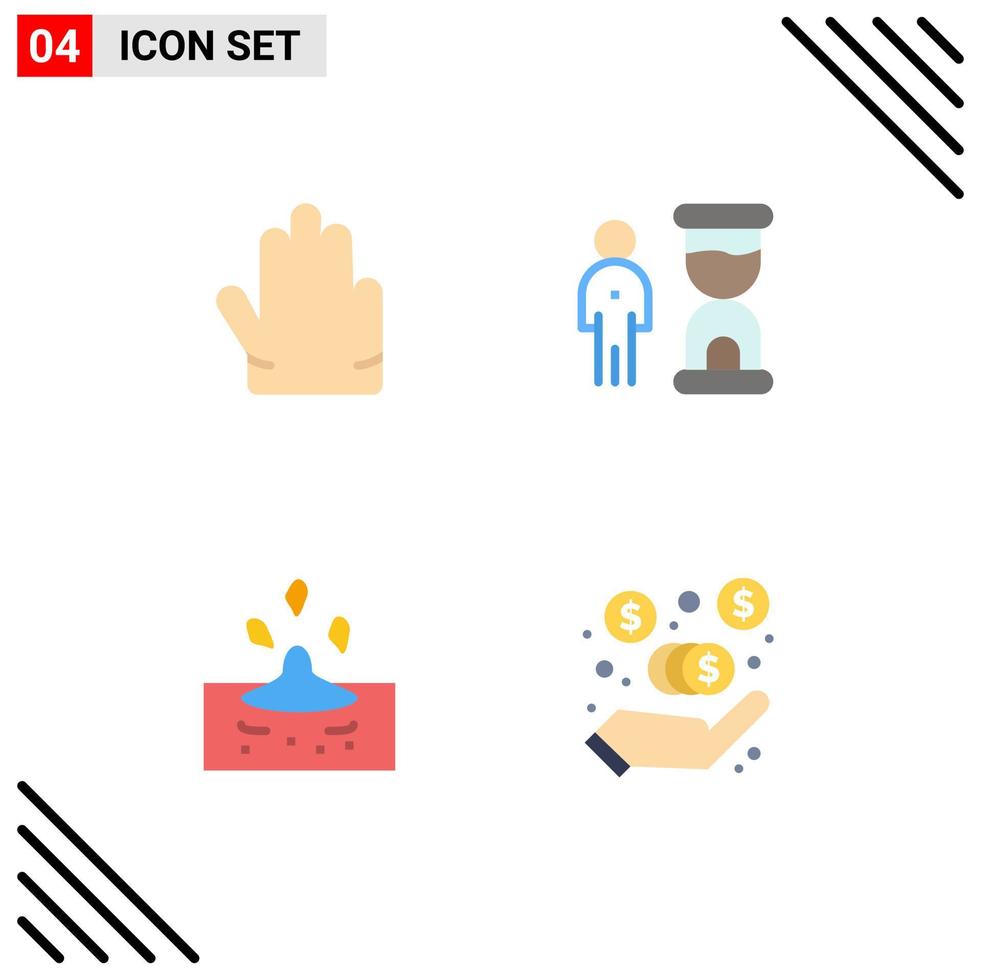 conjunto de pictogramas de 4 iconos planos simples de dedos lluvia reloj optimización agua elementos de diseño vectorial editables vector