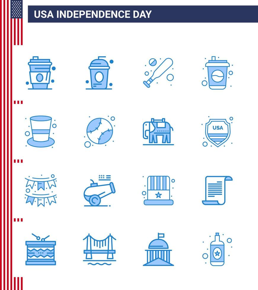 Pack of 16 USA Independence Day Celebration Blues Signs and 4th July Symbols such as cap soda independece drink bottle Editable USA Day Vector Design Elements