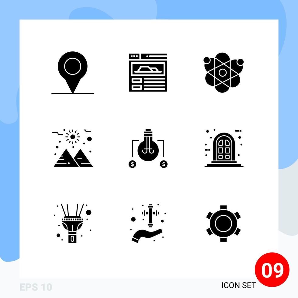 Pictogram Set of 9 Simple Solid Glyphs of window frame planet dollar idea Editable Vector Design Elements