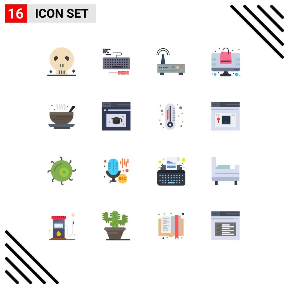 paquete de 16 signos y símbolos modernos de colores planos para medios de impresión web, como el dispositivo de la tienda en línea de plato, bolsa de compras, paquete editable de elementos creativos de diseño de vectores