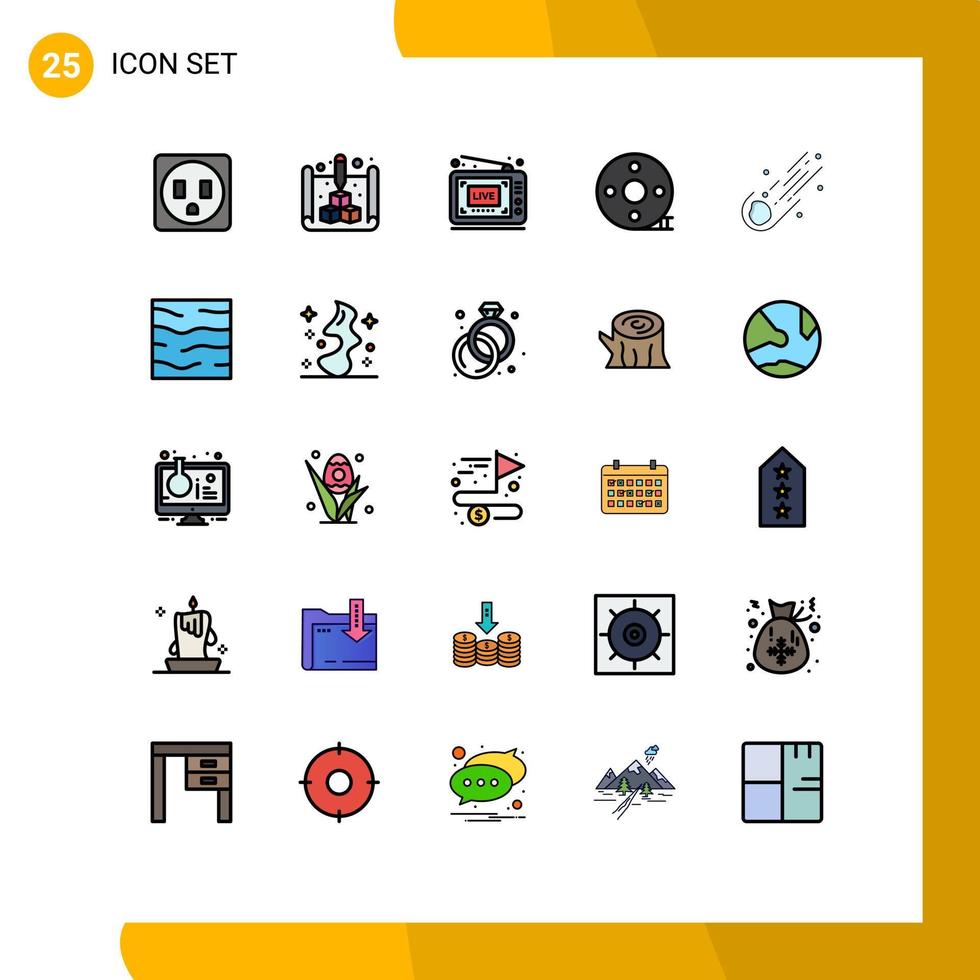 Modern Set of 25 Filled line Flat Colors Pictograph of meteor asteroid show filmmaking clapper Editable Vector Design Elements