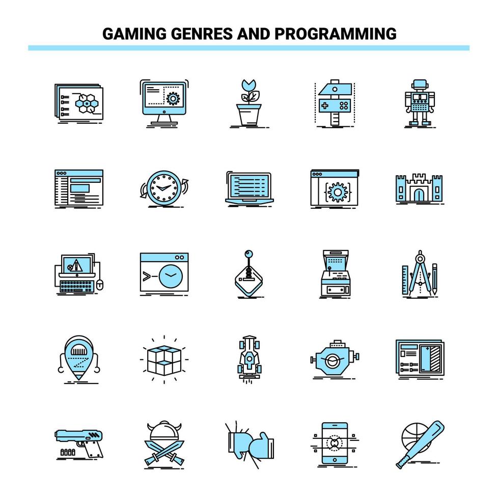 25 Gaming Genres And Programming Black and Blue icon Set. Creative Icon Design and logo template vector