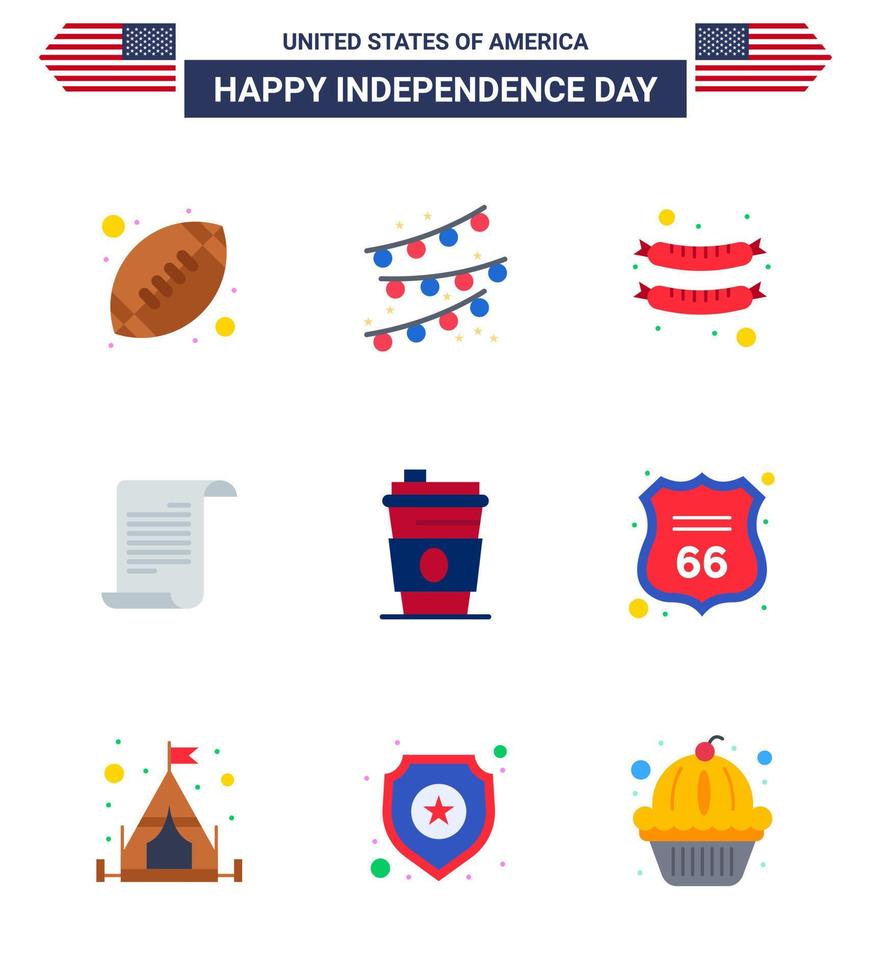 Set of 9 Vector Flats on 4th July USA Independence Day such as usa drink frankfurter alcohol american Editable USA Day Vector Design Elements