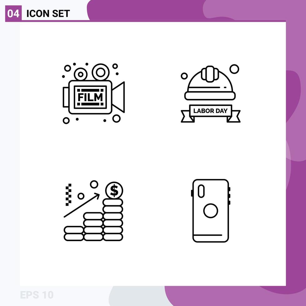 Modern Set of 4 Filledline Flat Colors and symbols such as camera industrial helmet retro hard cap chart Editable Vector Design Elements