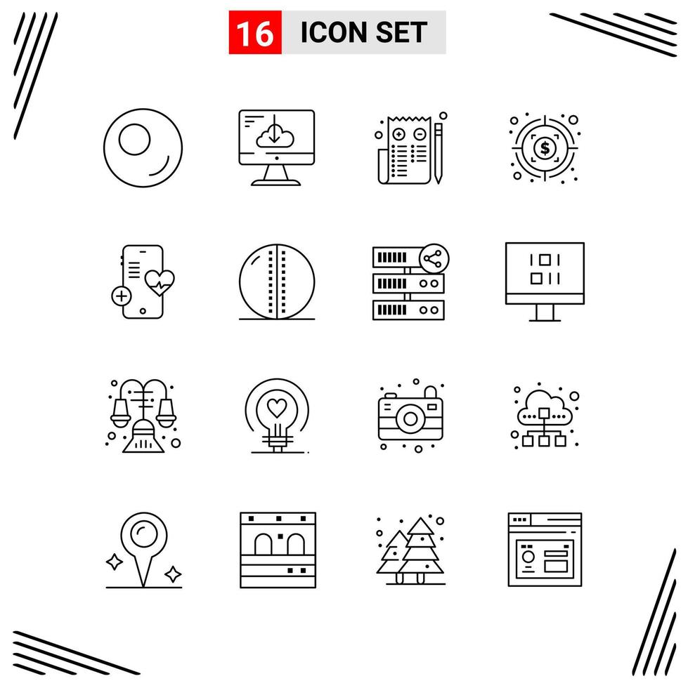 Estilo de línea de 16 iconos. símbolos de esquema creativos basados en cuadrículas para el diseño de sitios web. signos de icono de línea simple aislados en fondo blanco. 16 conjunto de iconos. vector